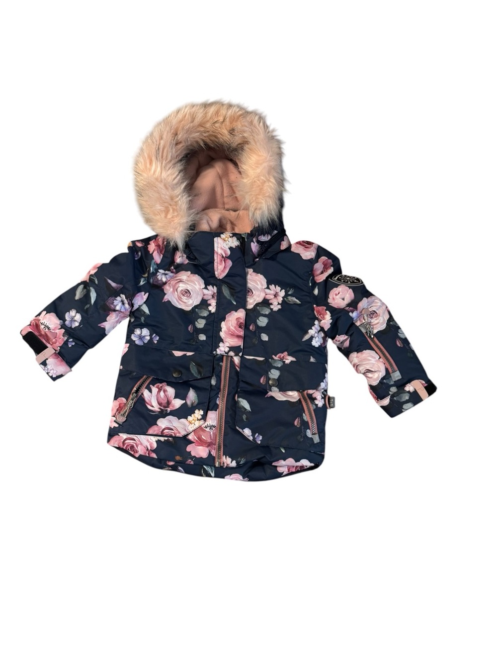 Deux par Deux Girls 2 Floral Winter Coat Navy Pink Faux Fur Hood Waterproof